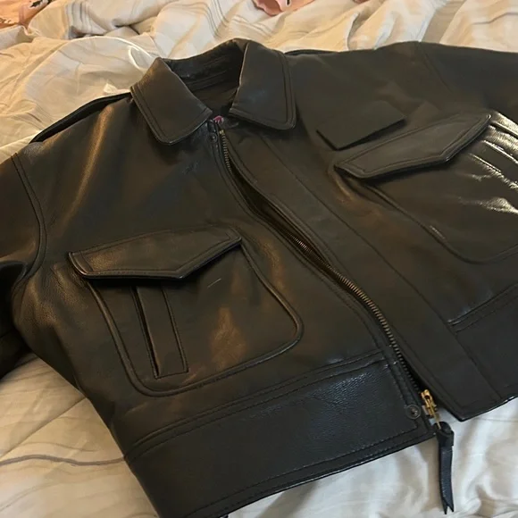 Chaps Black Leather Bomber Jacket - Picture 8 of 17